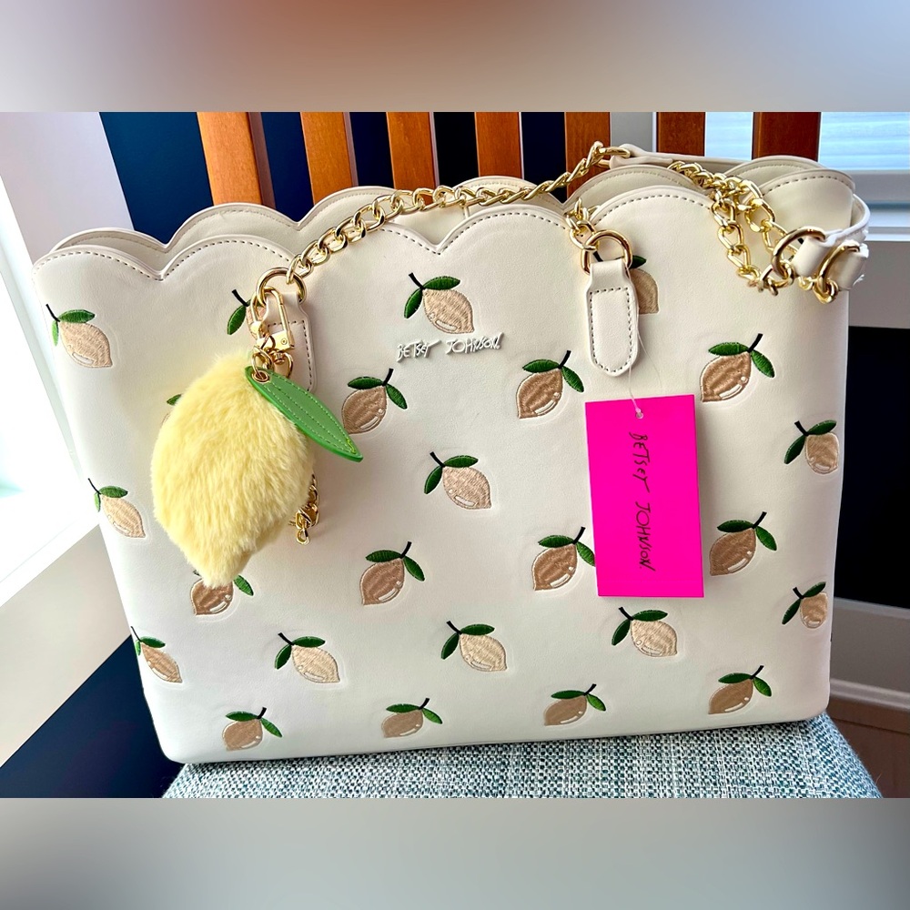 Betsey Johnson Cream Lemon Embroidered Tote with Gold Chain